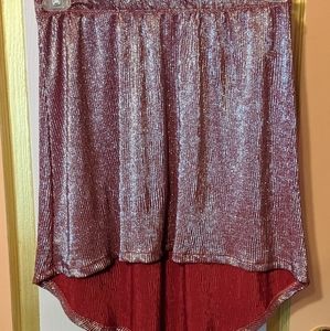 Super sparkly red, elastic waist, above the knee high-low skirt